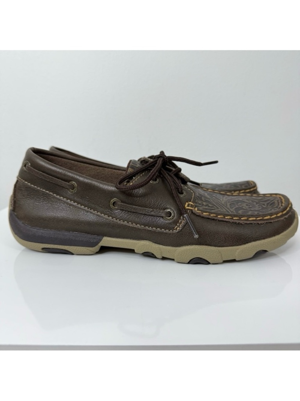 Twisted X Brown Leather Tooled Boat Shoe Driving Mocs Women’s Size 7.5 Western
